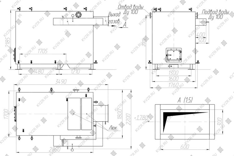 Котел 1.0 МВт без дымососа чертеж