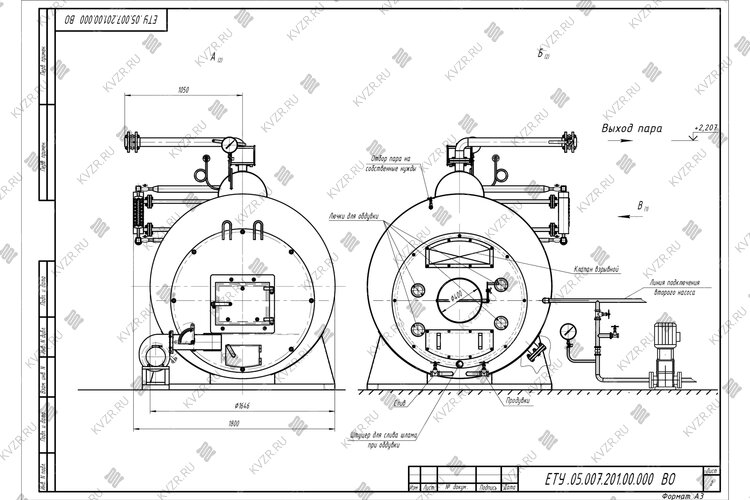 Чертеж котла парового КП 500 на угле